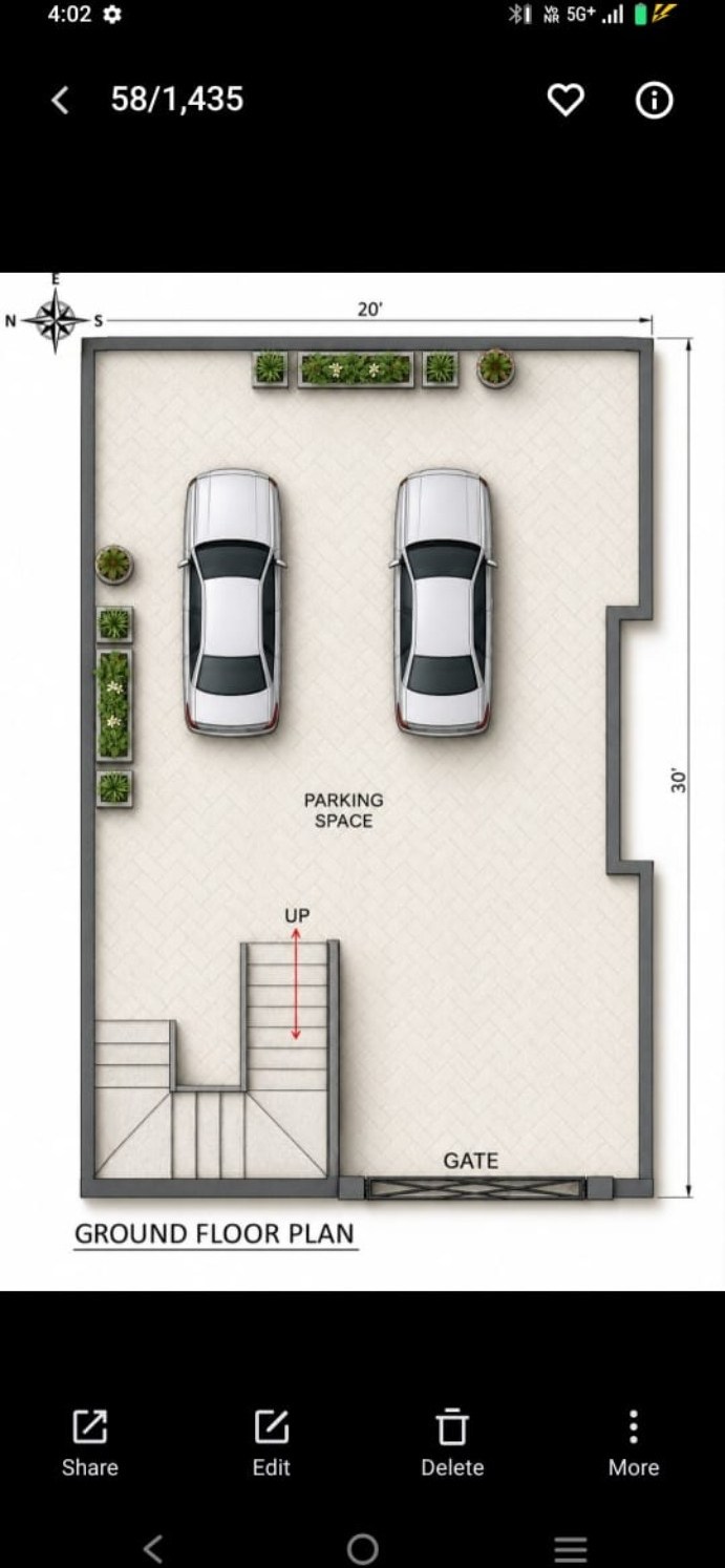 Ground floor plan with rooms and parking